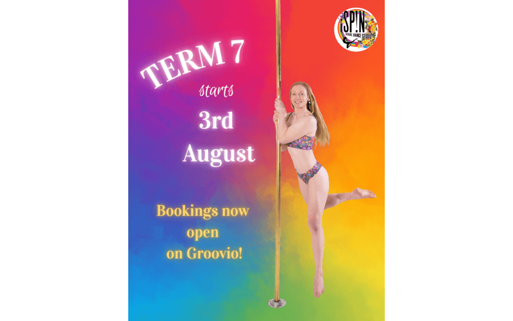 Colorful poster for a pole-dance studio announcing Term 7 starts August 3; a girl in a bikini pole-dances, with bookings open on Groovio.