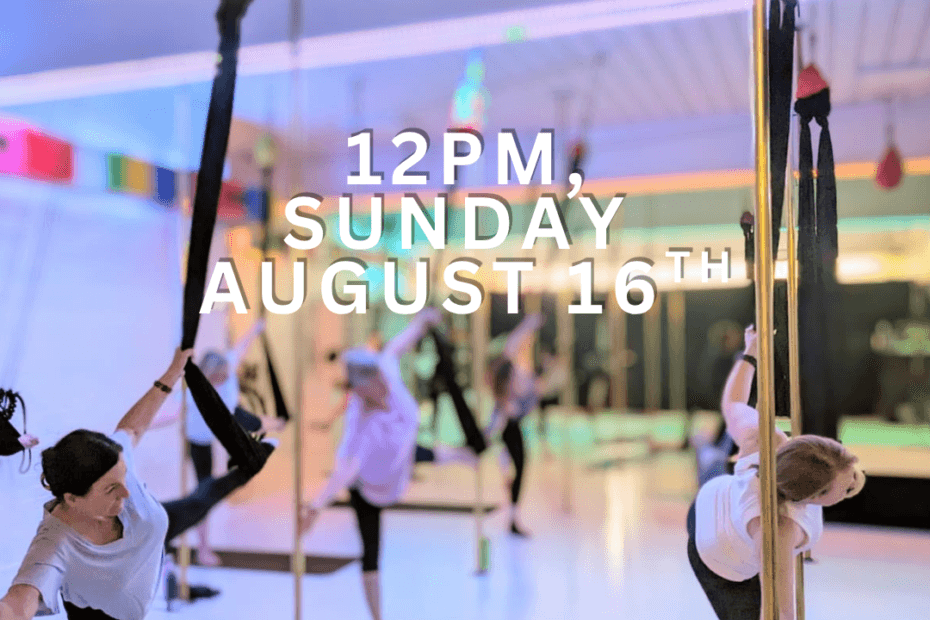 Indoor sling yoga class with participants on mats, promotional text reading SLING YOGA, 12PM Sunday August 16th.